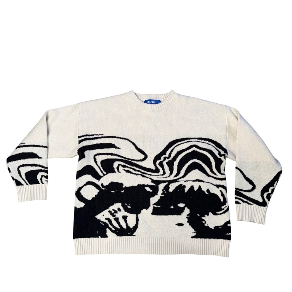 Aelfric Eden Abstract Graphic Sweater Mens Size S White Black Crewneck Oversized